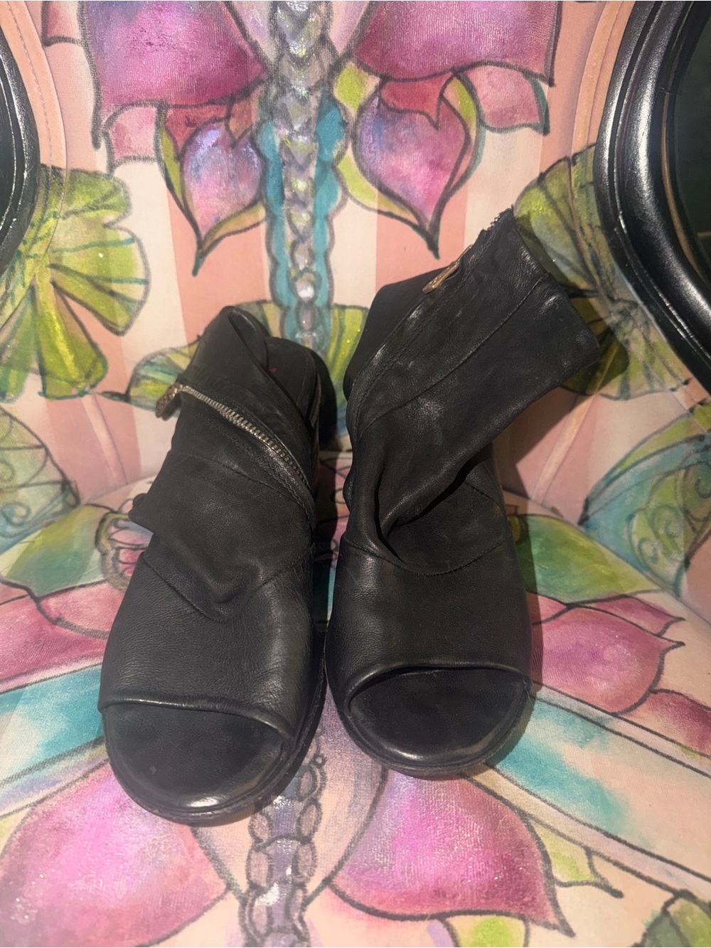 A.S.98 Black Open-Toe Leather Fold-Over Ankle Booties with Side Zip